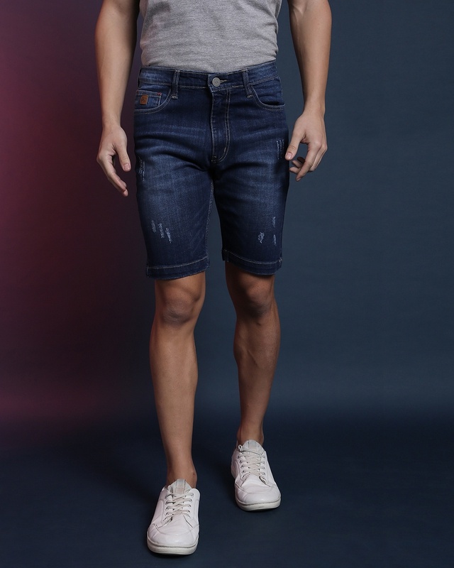 Shop Campus Sutra Men's Blue Slim Fit Shorts-Front