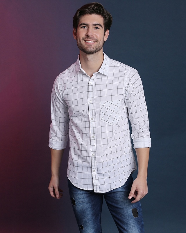 Shop Campus Sutra Men's White Checkered Regular Fit Shirt-Front