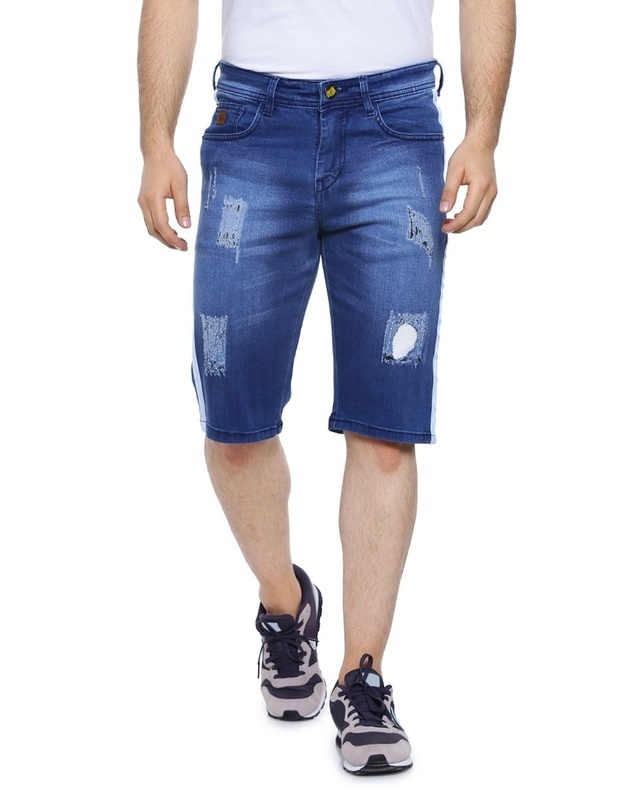 Shop Campus Sutra Men Slim Fit Solid Side Striped Stretch Stylish New Trends Blue Denim Shorts-Front
