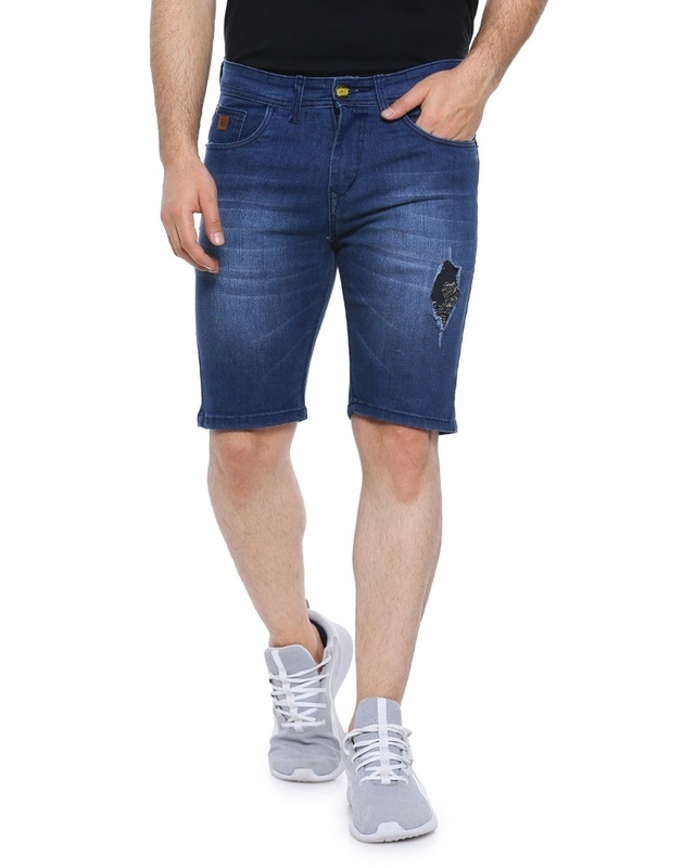 Shop Campus Sutra Men Slim Fit Solid Stretch Stylish New Trends Blue Denim Shorts-Front