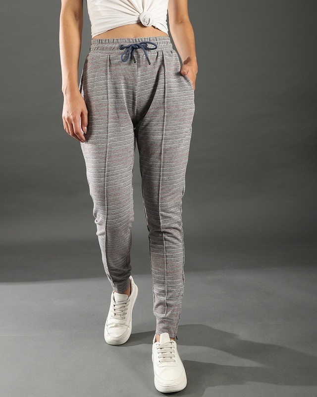 Shop Campus Sutra Women's Grey Striped Relaxed Fit Track Pant-Front