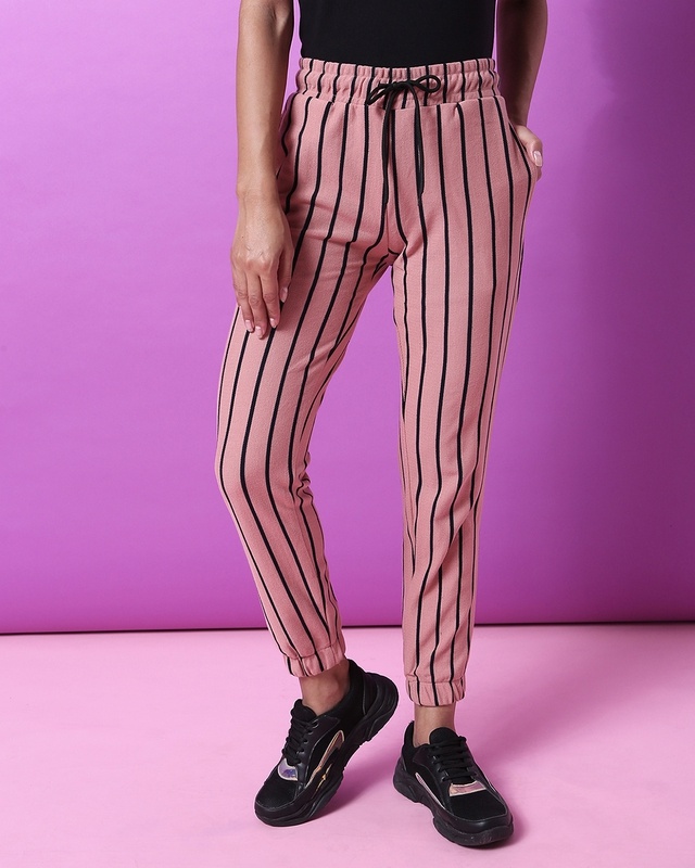 Shop Campus Sutra Women's Pink Striped Relaxed Fit Joggers-Front