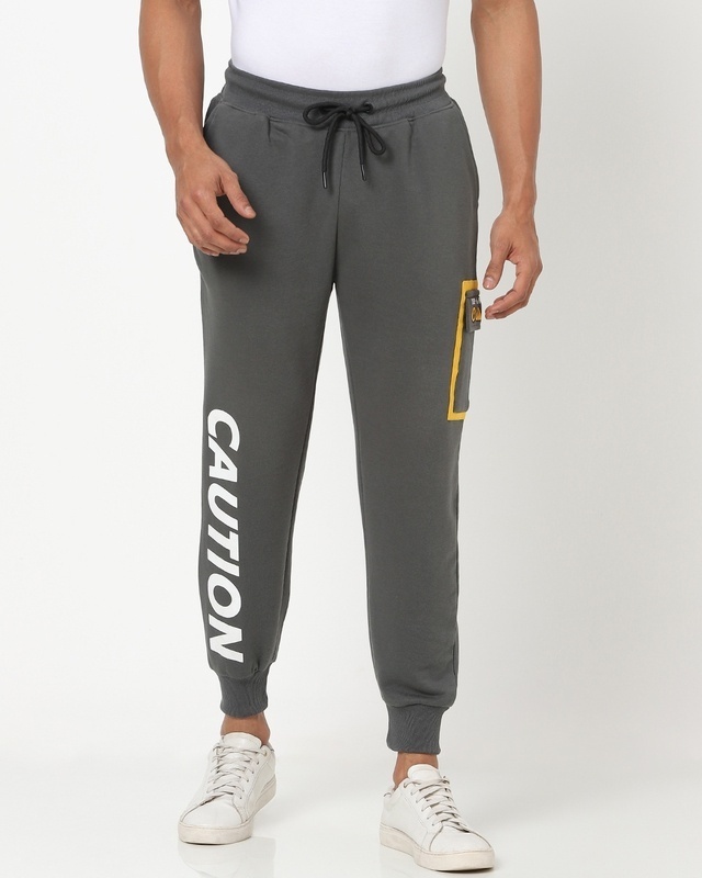 Shop Men's Grey Caution Typography Oversized Joggers-Front