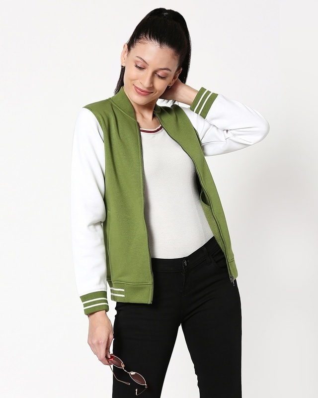 Shop Women's Green & White Color Block Varsity Bomber Jacket-Front