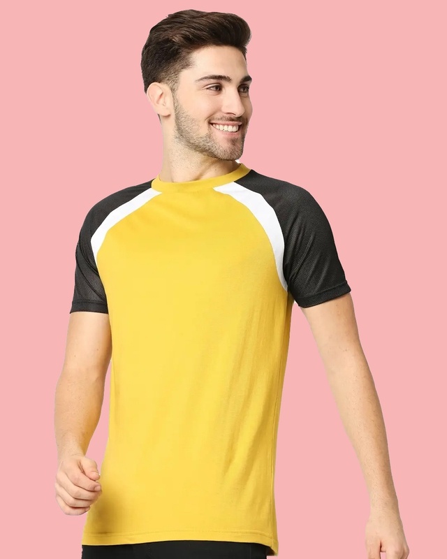 Shop Ceylon Yellow Mesh Half Sleeve Raglan T-Shirt-Front