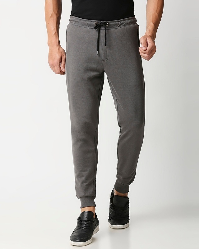 Shop Men's Charcoal Grey Zipper Joggers-Front