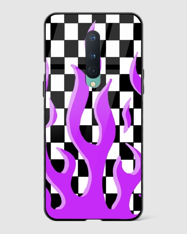 Shop Checkered Purple Flame Premium Glass Case for OnePlus 8-Front