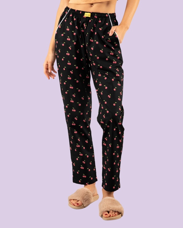 Shop Women's Black Cherry Crush All Over Printed Pyjamas-Front
