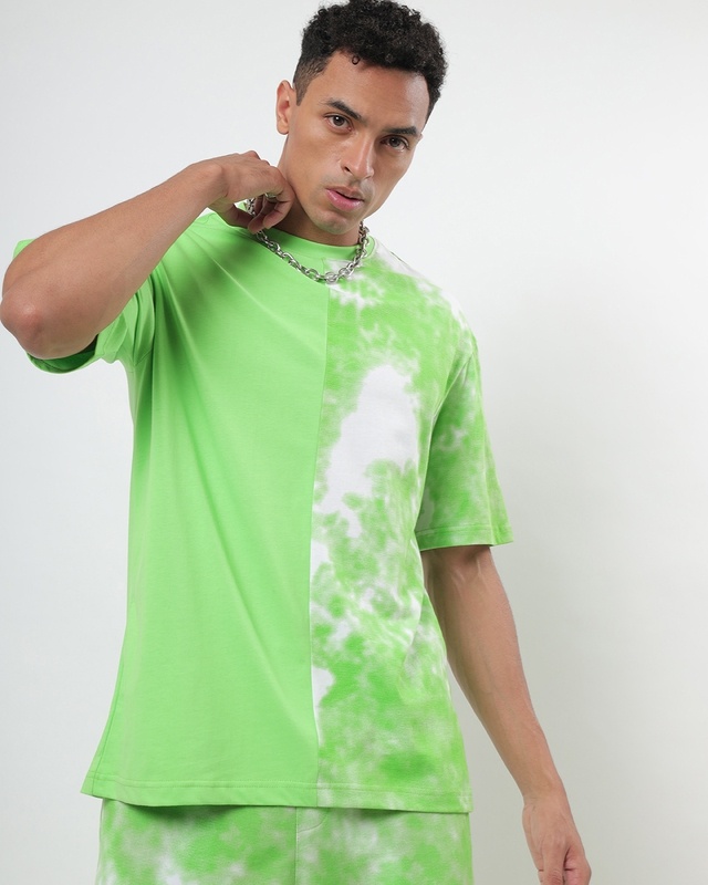 Shop Chilled Out Green Half & Half Tie & Dye T-shirt-Front
