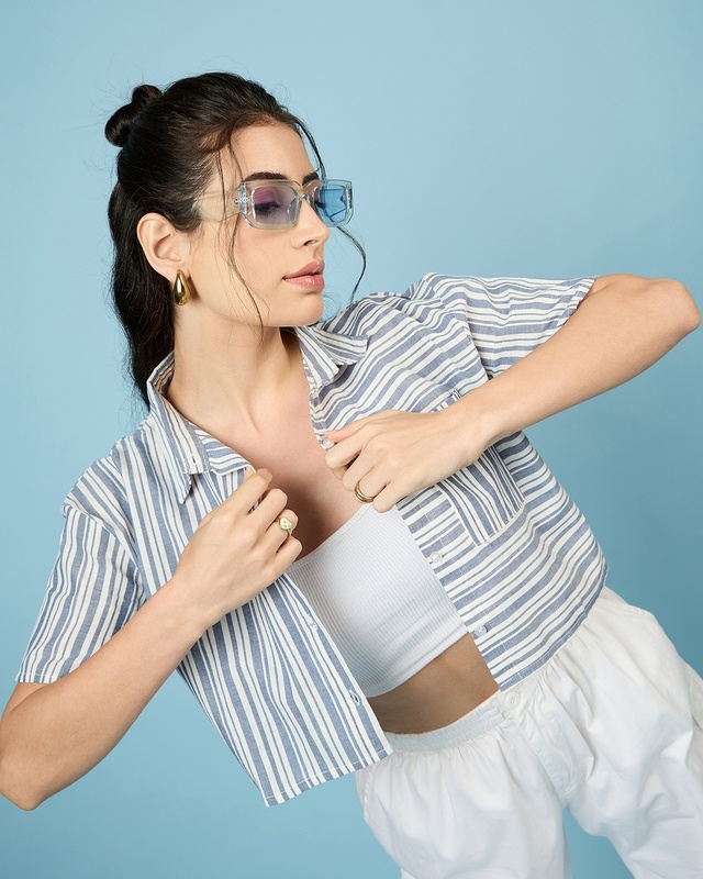 Women's Blue & White Striped Crop Shirt