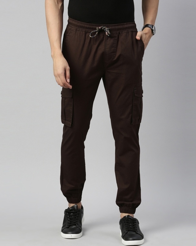 Shop Cinocci Men's Brown Cotton Slim Fit Trousers-Front