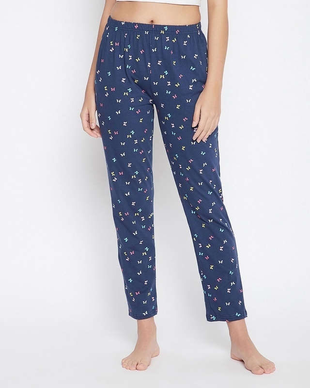 Shop Clovia Butterfly Print Pyjama in Navy - Cotton-Front