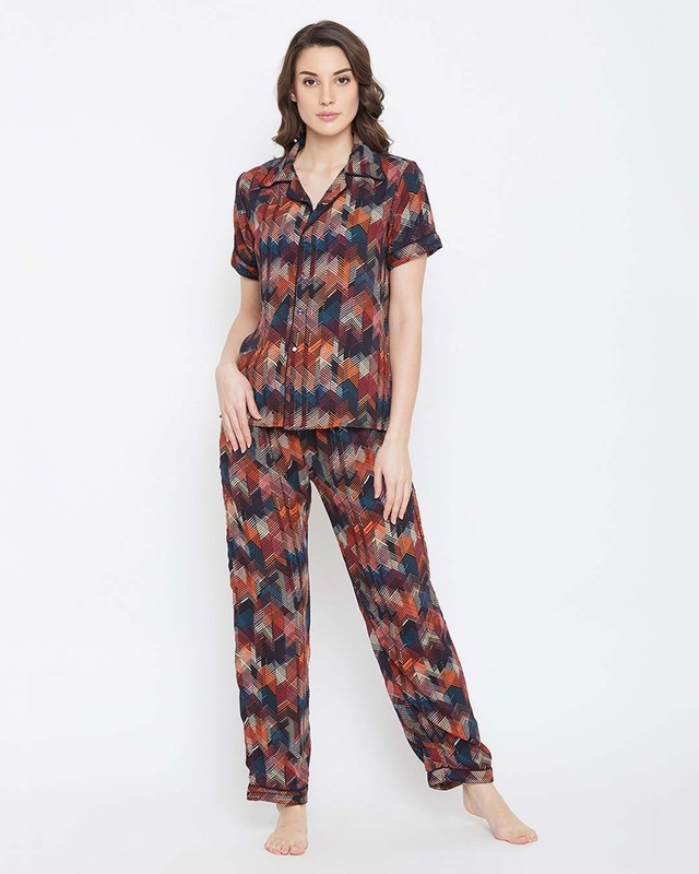 Shop Clovia Button Me Up Shirt and Pyjama Set in Multicolour- Crepe-Front