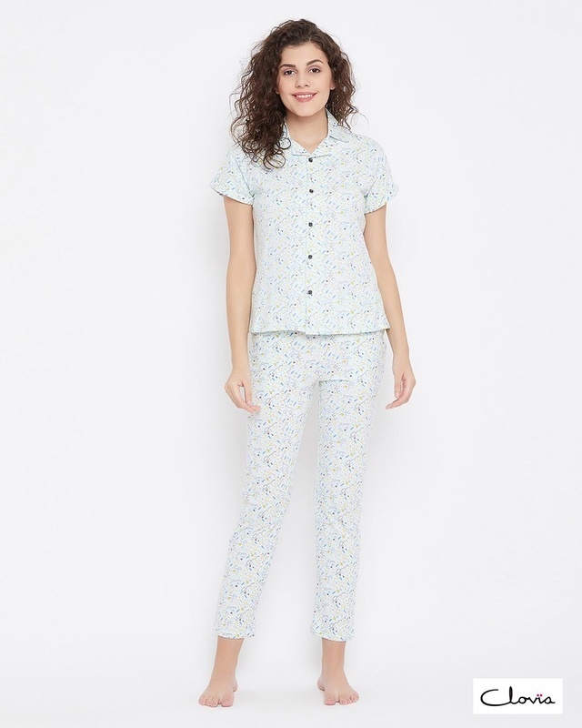 Shop Clovia Button Me Up Shirt & Pyjama Set in Light Blue 100% Cotton-Front
