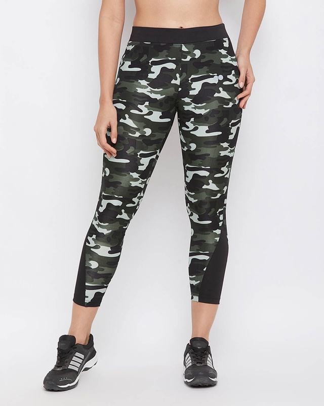 Shop Clovia Camouflage Print Activewear Ankle Length Tights in Olive Green-Front