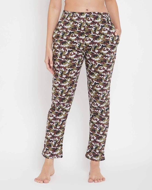 Shop Clovia Camouflage Print Pyjama in Olive Green- Cotton Rich-Front