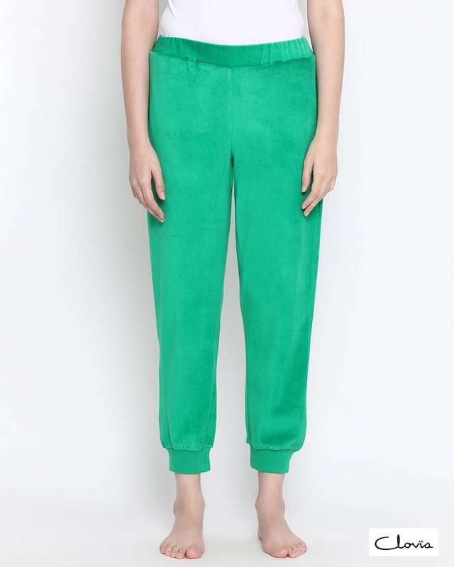 Shop Clovia Chic Basic Pyjama in Green- Velour-Front