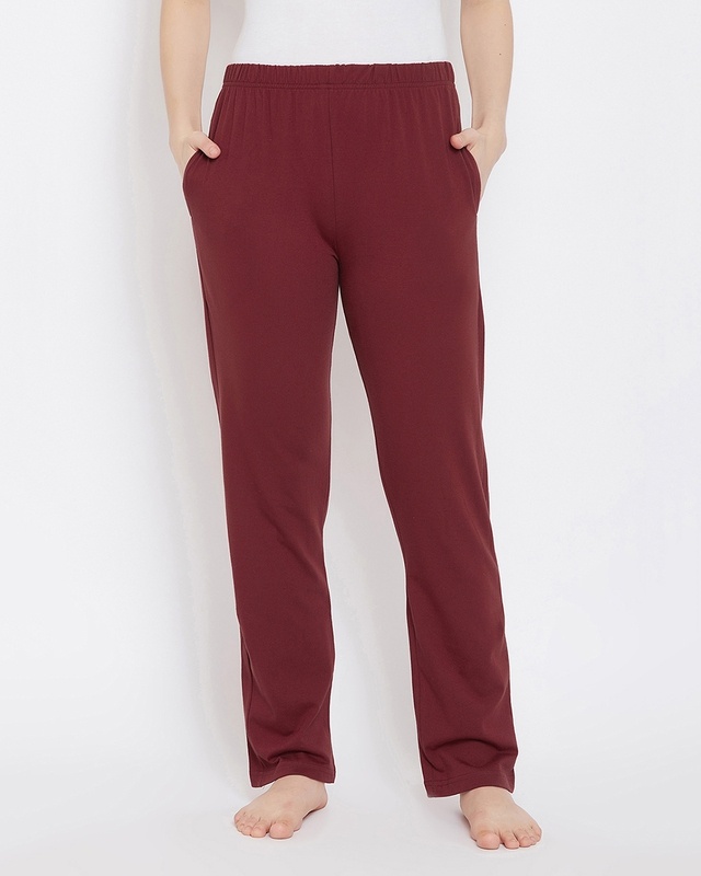 Shop Clovia Chic Basic Pyjama in Maroon- Cotton Rich-Front
