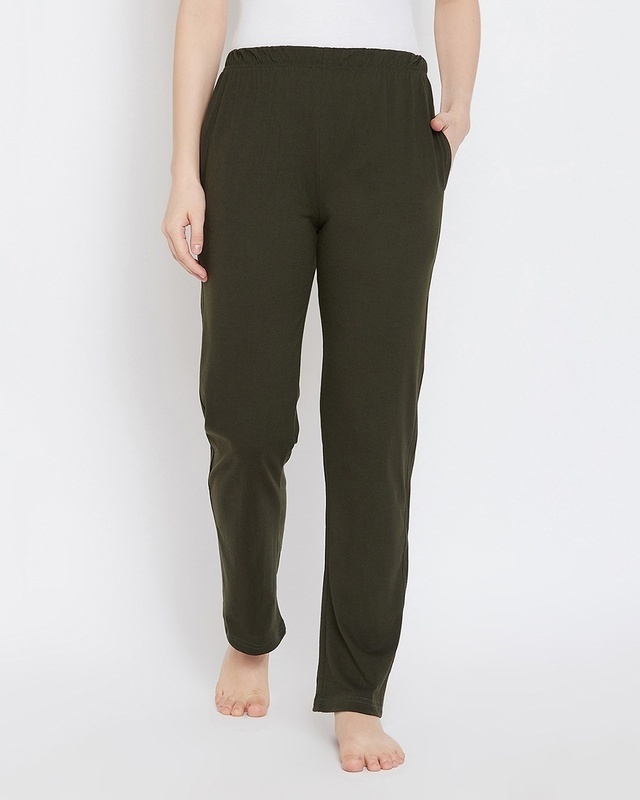 Shop Clovia Chic Basic Pyjama in Olive Green- Cotton Rich-Front