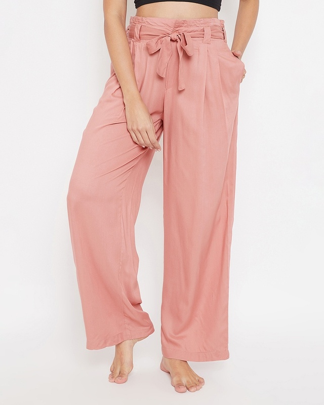 Shop Clovia Chic Basic Wide Leg Pants in Peach Pink - Rayon-Front