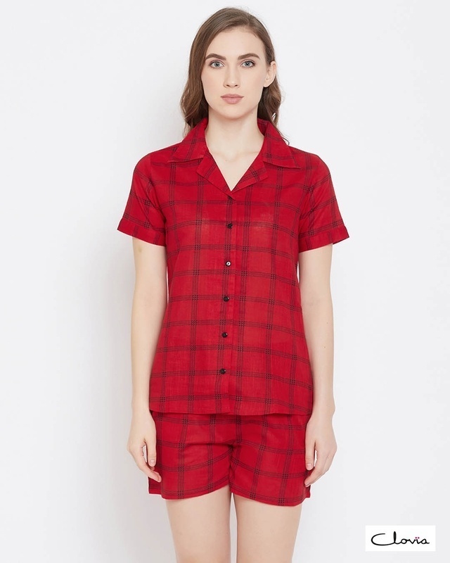 Shop Clovia Classy Checks Top & Shorts in Red- 100% Cotton-Front