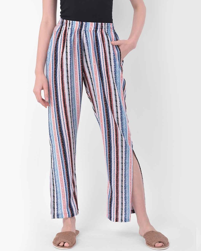 Shop Clovia Clovia Sassy Stripes Pyjama with Side Slits in Multicolour- Crepe-Front