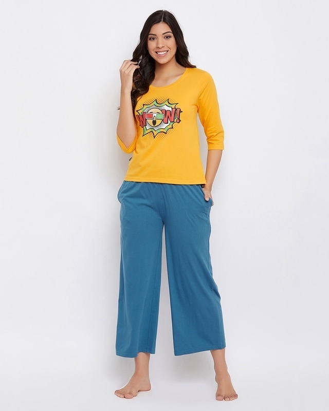 Shop Clovia Emoji Print Top & Solid Flared Pants in Yellow & Blue-Front