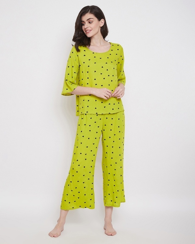 Shop Clovia Heart Print Top & Pyjama in Lime Green - Rayon-Front