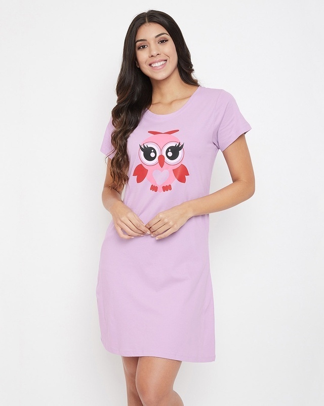 Shop Clovia Owl Print Sleep Tee in Pink-Front