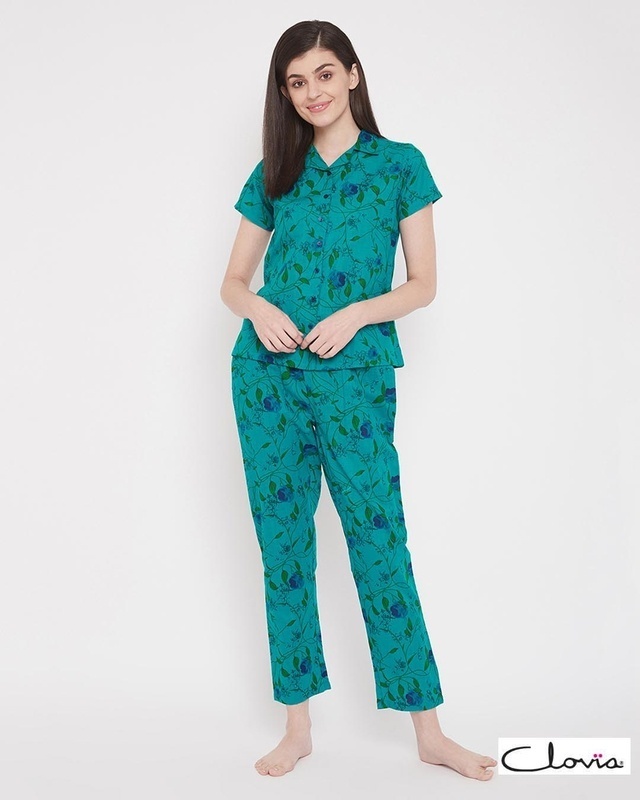 Shop Clovia Pretty Florals Button Me Up Shirt & Pyjama in Blue - 100% Cotton-Front