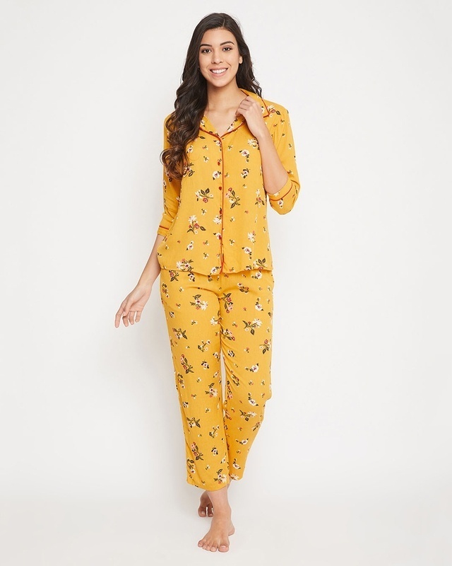 Shop Clovia Pretty Florals Button Me Up Shirt & Pyjama in Mustard-Front