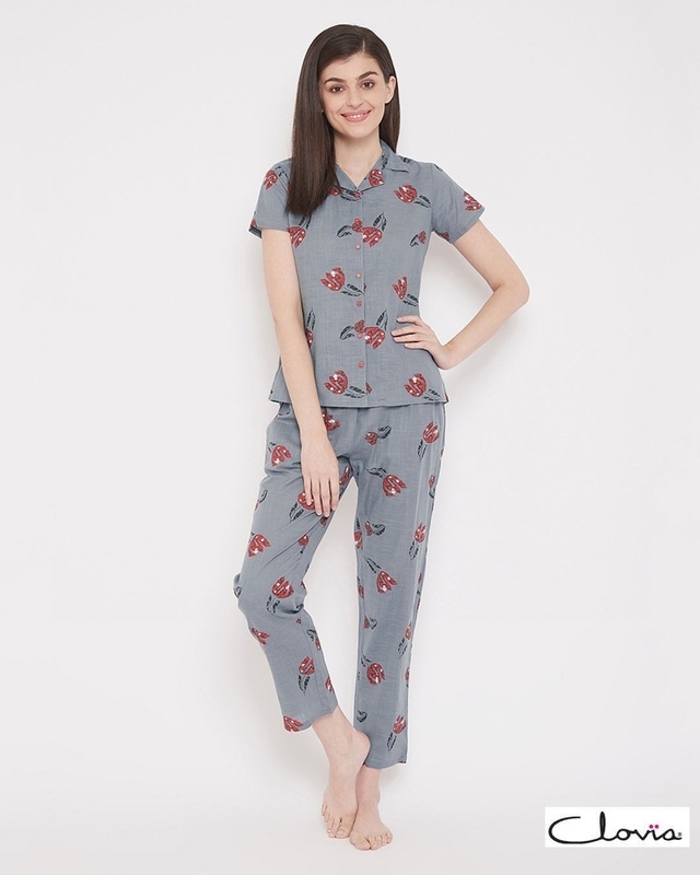 Shop Clovia Pretty Florals Button Me Up Shirt & Pyjama Set in Grey - 100% Cotton-Front
