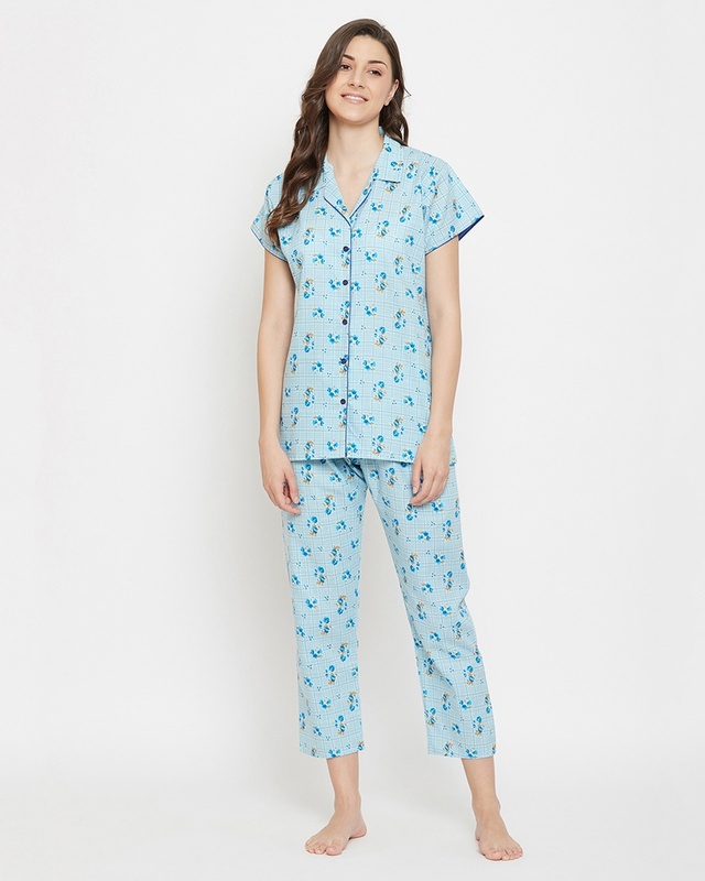 Shop Clovia Pretty Florals Button Me Up Shirt & Pyjama Set in Light Blue-Front