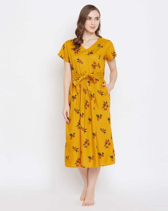 Shop Clovia Pretty Florals Night Dress in Mustard Yellow- Rayon-Front