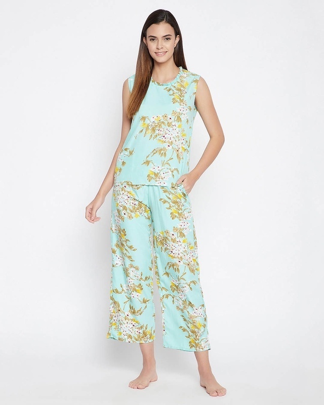 Shop Clovia Pretty Florals Top and Pyjama in Mint Green - Crepe-Front