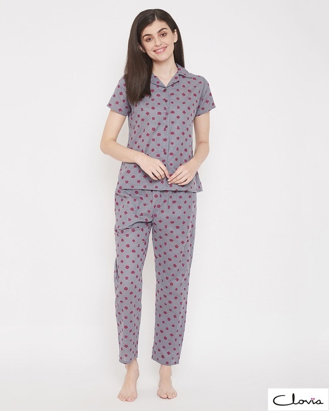 Shop Clovia Star Print Button Me Up Shirt & Pyjama Set-Front