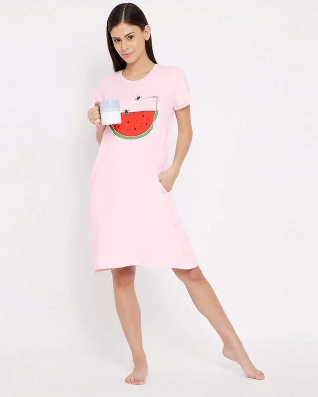 Shop Clovia Watermelon Print Short Night Dress in Baby Pink - 100% Cotton-Front