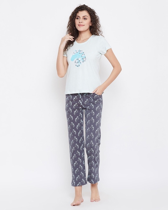 Shop Clovia Wild at Heart Top & Pyjama Set in Blue & Grey-Front