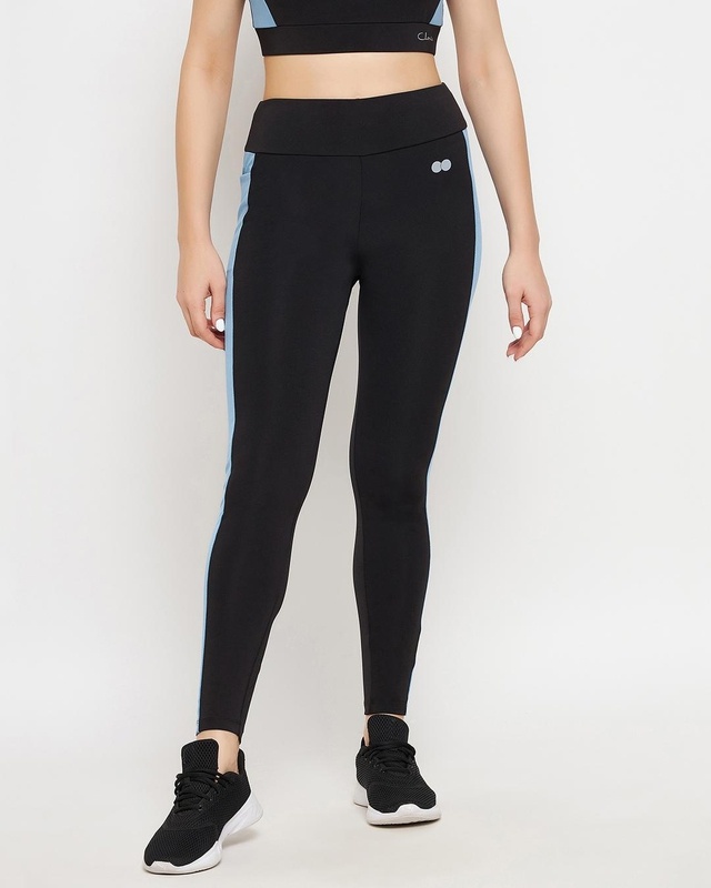 Shop Clovia Women's Black Color Blocked Activewear Tights-Front