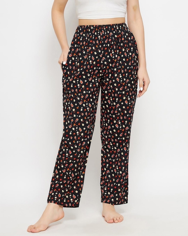 Shop Women's Black Floral Printed Pyjamas-Front