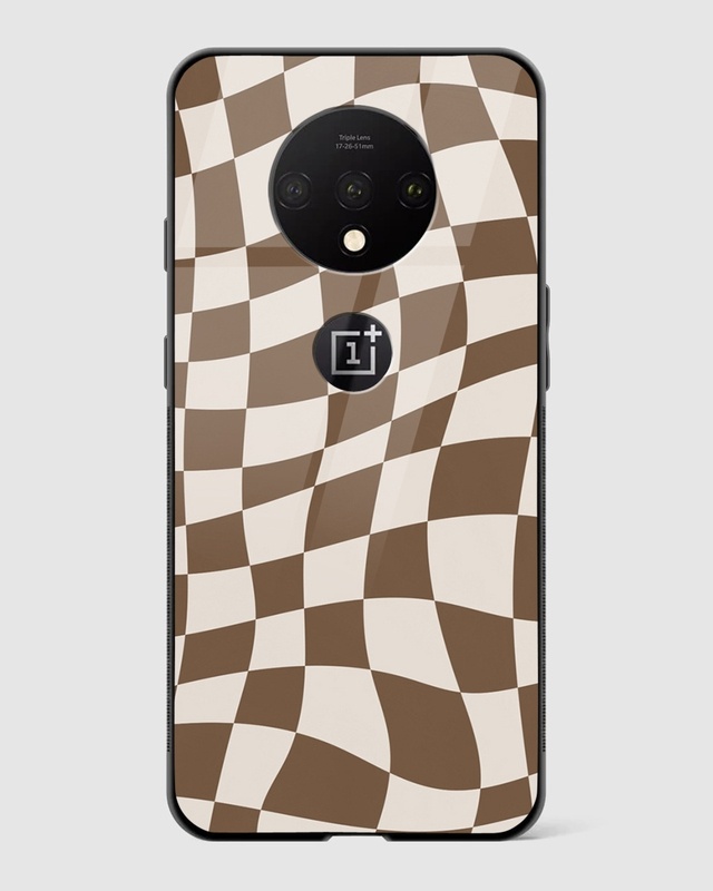 Shop Coffee Brown Checkered Print Premium Glass Case for OnePlus 7T-Front
