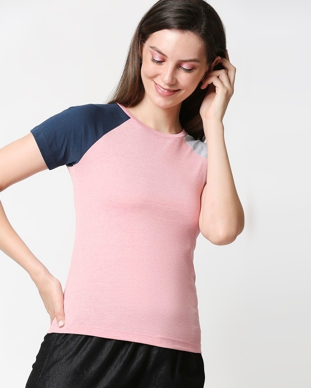 Shop Women's Pink Color Block Raglan Melange Slim Fit T-shirt-Front