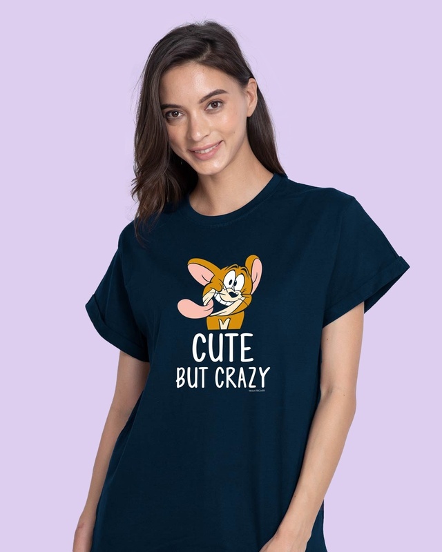 Shop Women's Blue Cute But Crazy (TJL) Graphic Printed Boyfriend T-shirt-Front