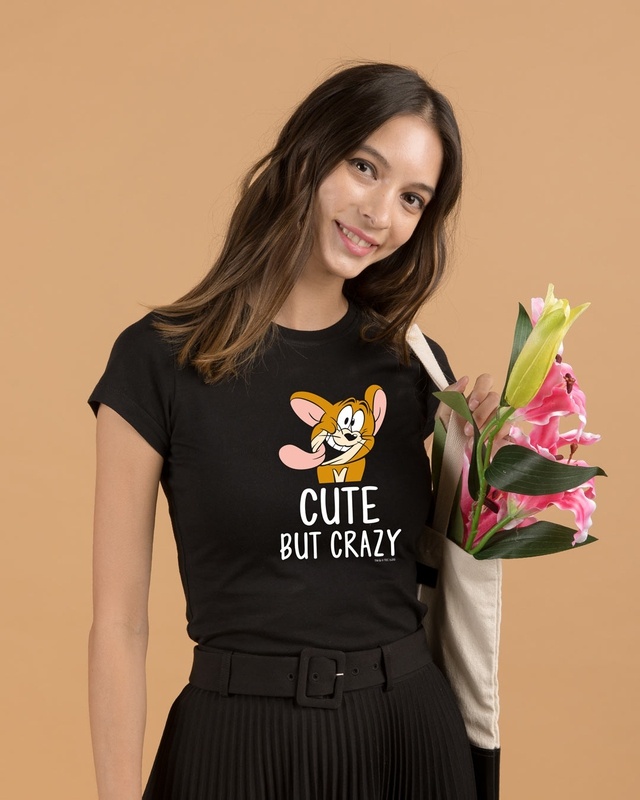 Shop Women's Black Cute But Crazy Graphic Printed Slim Fit T-shirt-Front