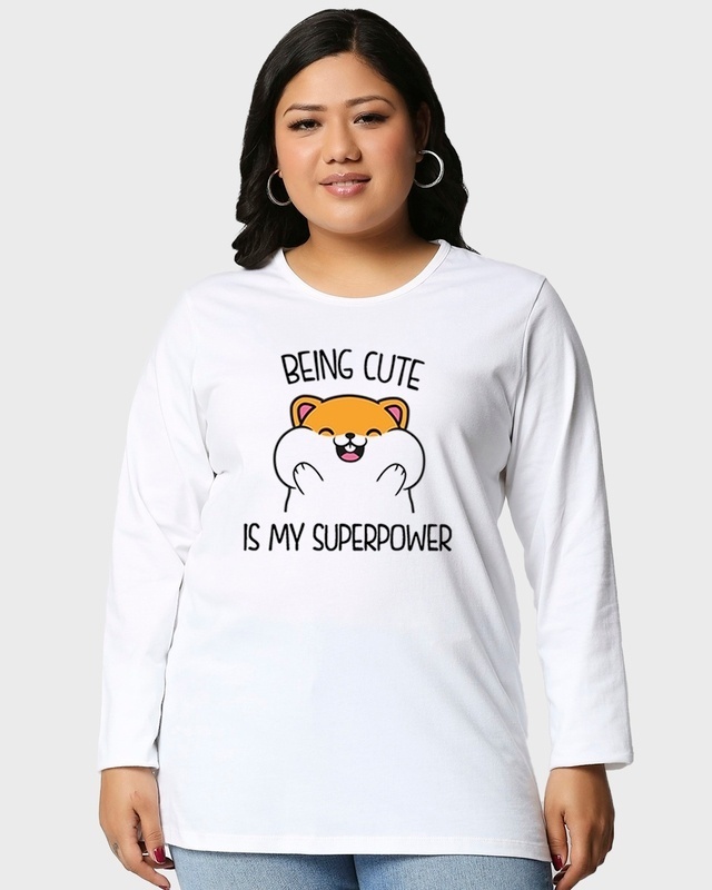 Shop Women's White Being Cute Graphic Printed Plus Size Boyfriend T-shirt-Front