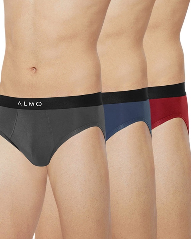 Shop Dario Solid Micro Modal Grey, Blue And Red Men's Brief (Pack Of 3)-Front