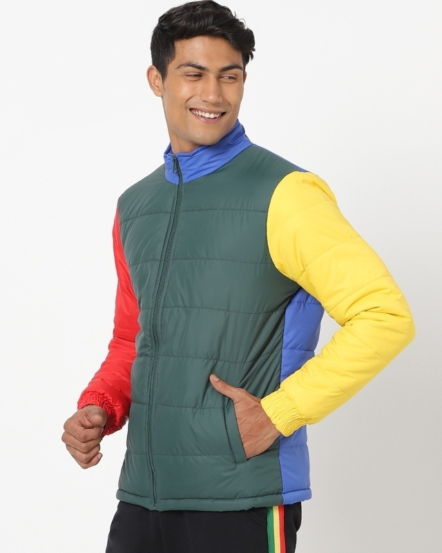 Shop Deep Teal Color Block Puffer Jacket-Front