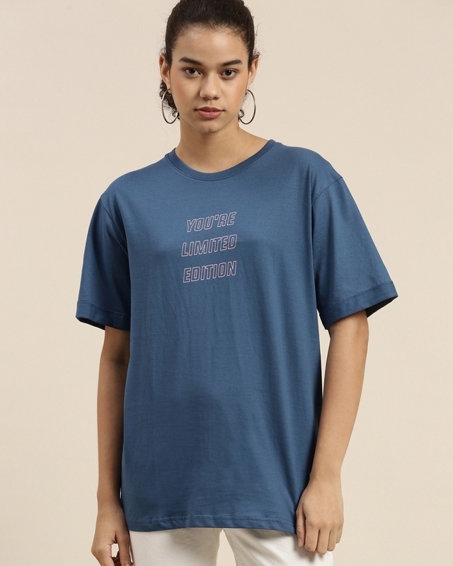 Shop Dillinger Women's Blue Typographic Oversized Fit T-shirt-Front