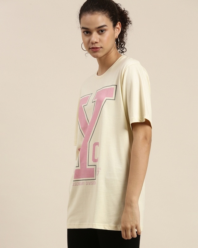 Shop Dillinger Women's Cream Typographic Oversized Fit T-shirt-Front