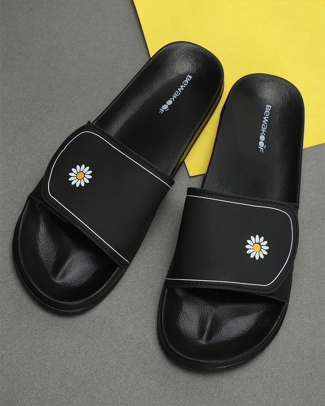 Shop Women's Black Ditsy Daisy Adjustable Velcro Sliders-Front